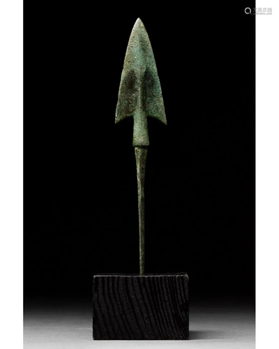 ANCIENT BRONZE SPEAR HEAD ON STAND