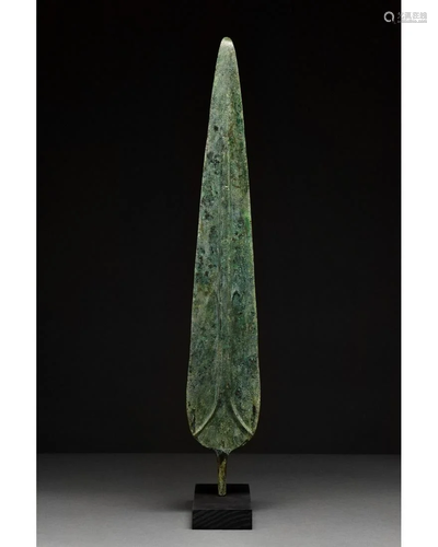 ANCIENT BRONZE SPEAR HEAD ON STAND