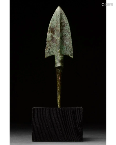 ANCIENT BRONZE SPEAR HEAD ON STAND