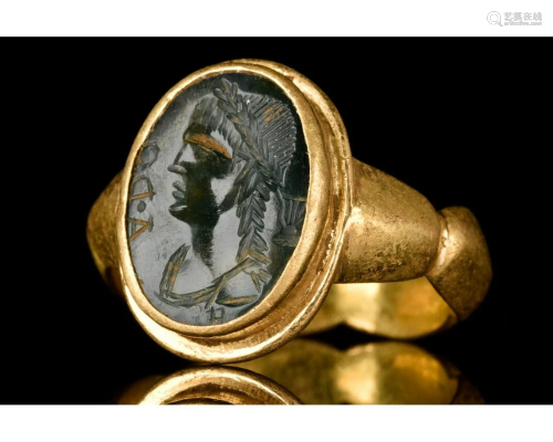 ROMAN GOLD AND JASPER INTAGLIO RING WITH PORTRAIT - XRF