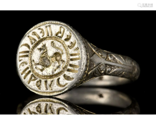 MEDIEVAL SILVER RING WITH GRYPHON AND SCRIPT