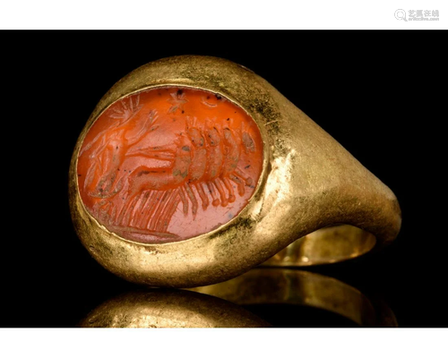 ROMAN GOLD INTAGLIO RING WITH APOLLO IN QUADRIGA -…