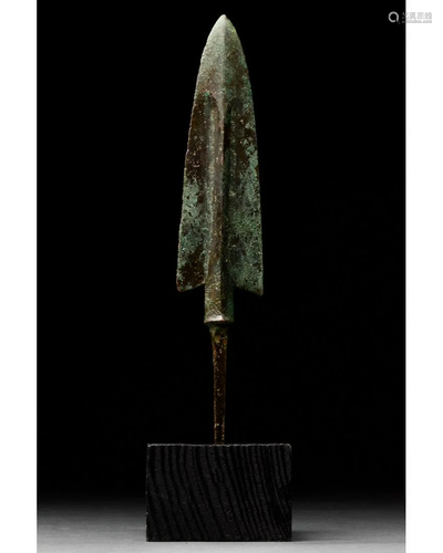 ANCIENT BRONZE SPEAR HEAD ON STAND