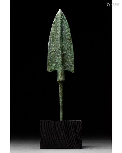 ANCIENT BRONZE SPEAR HEAD ON STAND