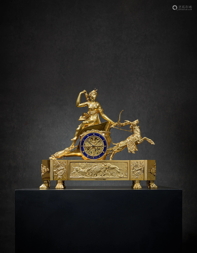 CLOCK WITH A DIANE'S CHARIOT PULLED BY TWO STAGS