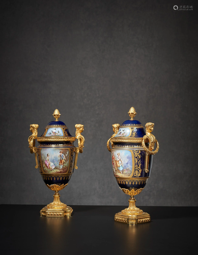 A PAIR OF SEVRES PORCELAIN COVERED VASES