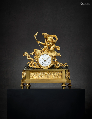 CLOCK WITH A CERES CHARIOT PULLED BY WINGED DRAG…