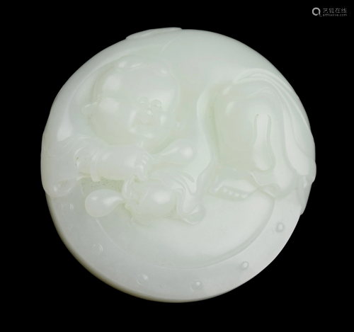 [Chinese] A Hetian White Jade Hand Ornament with Boy