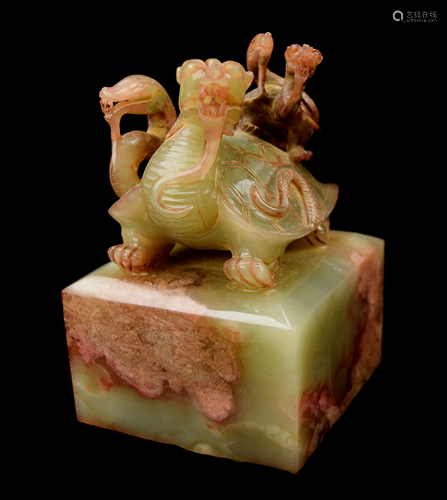 An Old Xiuyan Jade Seal with Dual Xuanwu Carving