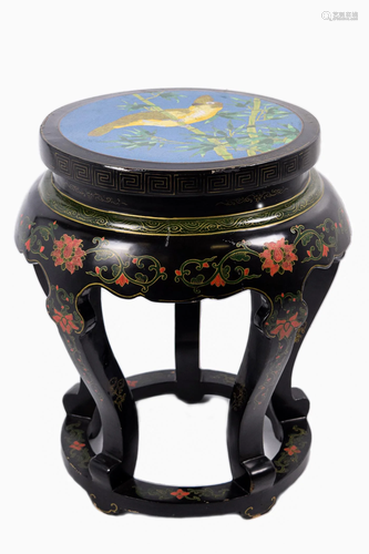 [Chinese] A Black Lacquered Wood Stool with Cloisonne