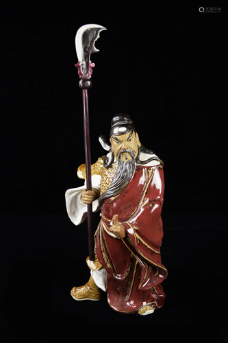 A Chinese Shiwan Pottery Guan Gong Figurine (with an