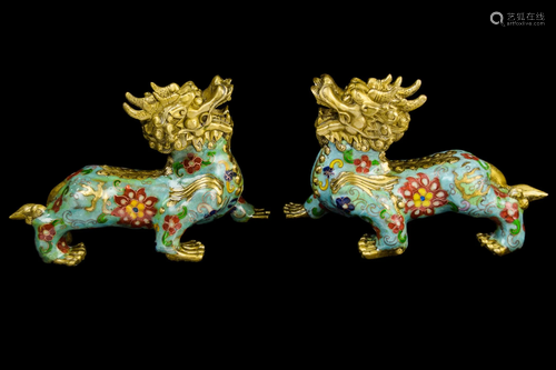 [Chinese] A Pair of Cloisonne Kirin Figurines