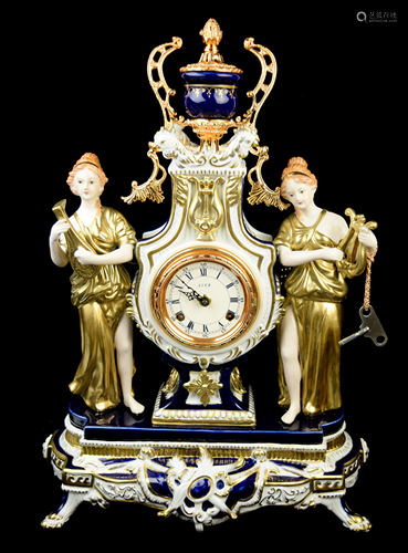 A Continental Porcelain Clock with Two Musical Ladies