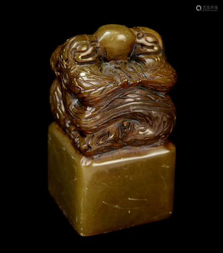 A Soft Stone Carved Seal with Dual Dragon