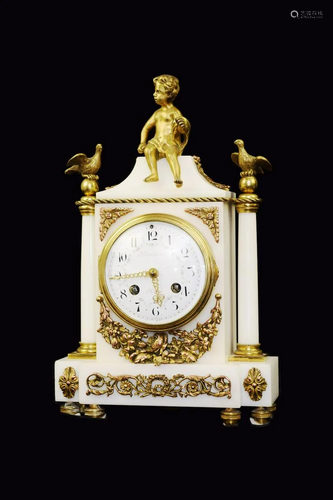 A White Marble Mental Clock with Gilt Bronze Filigree