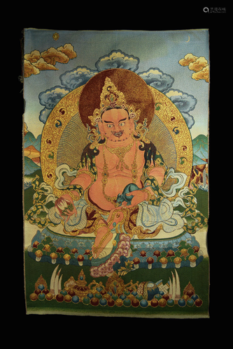 A Hand Woven Tibetan Thangka of Yellow God of Fortune