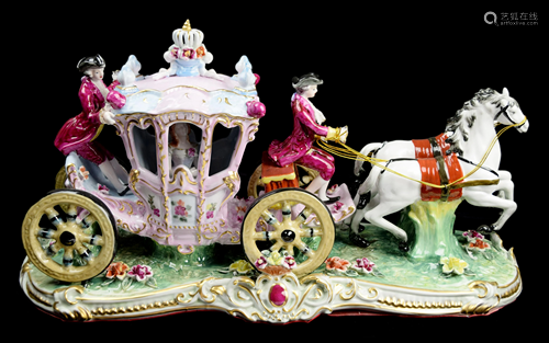 A Continental Porcelain Pink Carriage with Two Horses