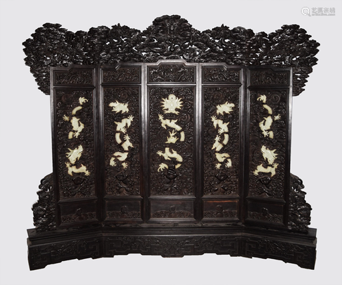 A Large Chinese Old Hardwood Carved Standing Screen