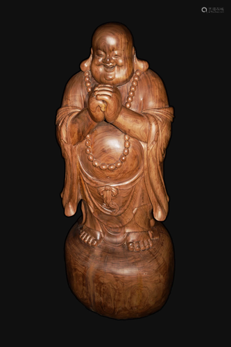 A Huanghuali Wood Carved Laughing Buddha Statue