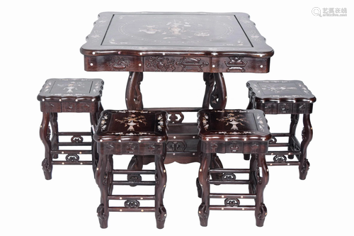 [Chinese] A Set of Old Nacre Inlaid Hardwood Table and