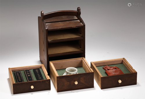 A CHINESE WOODEN STORAGE BOX AND SCHOLAR ITEMS