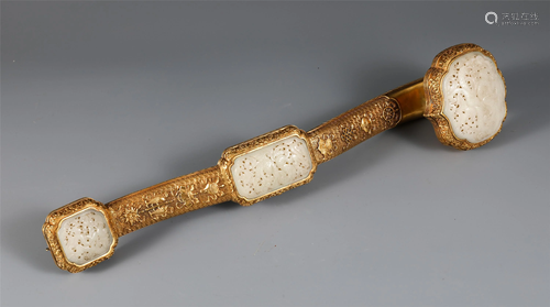 A CHINESE INLAID JADE GILT BRONZE RUYI