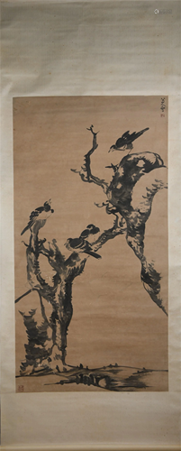 A CHINESE PAINTING OF WITHERED TREE AND BIRDS