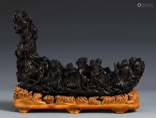 A CHINESE ZITAN WOOD CARVING EIGHT IMMORTALS