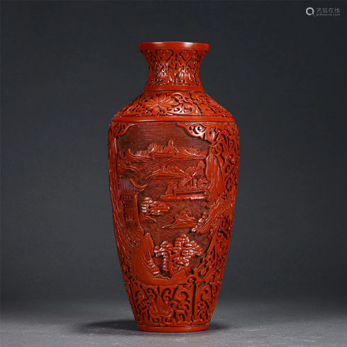 A CHINESE CARVED LACQUER LANDSCAPE VASE