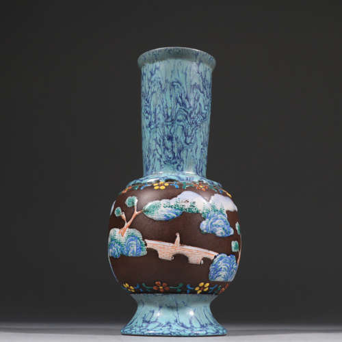 清 紫砂烤蓝绘山水图花瓶