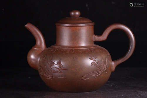 旧藏松枝柴窑 山水风景 茶壶