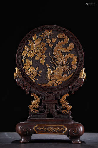 旧藏，铜鎏金凤凰牡丹图插屏