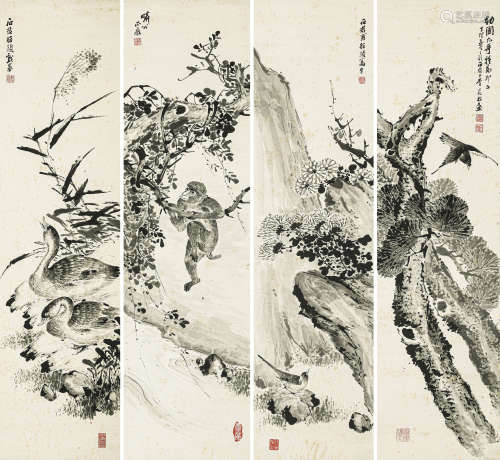 李石君（1867-1933） 指画四屏 纸本水墨 立轴