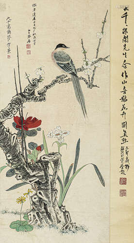 张大千（1899-1983） 于非厂（1889-1959） 花鸟 纸本设色 立轴