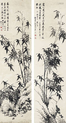 顾湛澄（1865- ？） 竹石对屏 纸本水墨 立轴