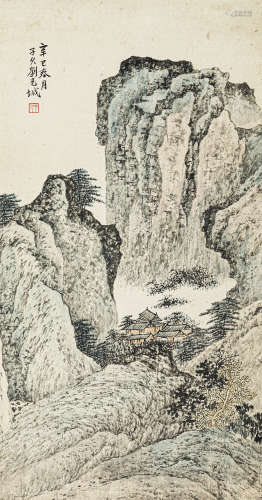 刘子久（1891-1975） 深山隐寺 纸本设色 立轴