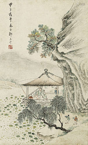 邹元斗（1662-1722） 山水人物 纸本设色 立轴