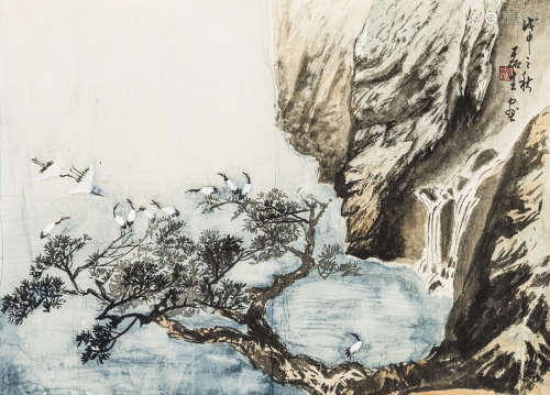 黄磊生（b.1928） 翔鹭流瀑图 纸本设色 软片