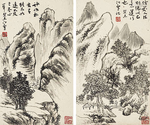 程门雪（1902-1972） 山水二帧 纸本水墨 镜心