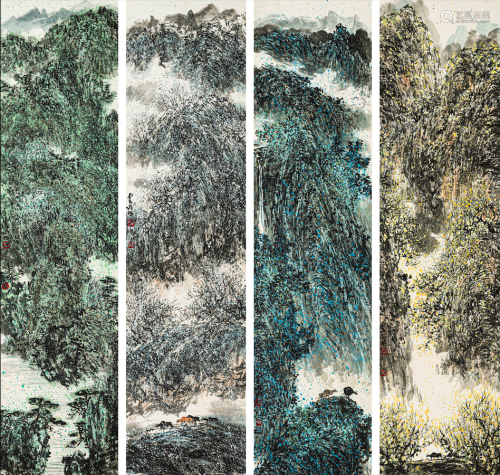 吕云所（1940-2014） 山水四屏 纸本设色 立轴