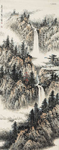 黄君璧（1898-1991） 空山淌瀑 纸本设色 立轴