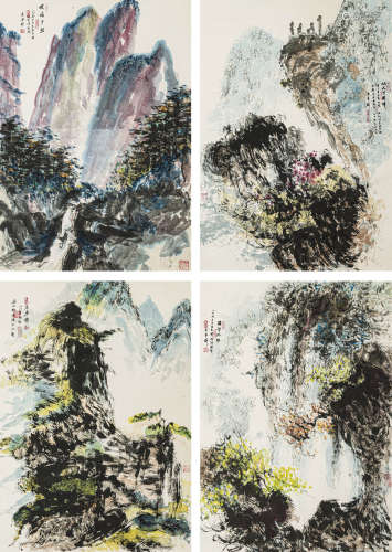 王麦杆（1921-2002） 山水盛景四屏 纸本设色 立轴