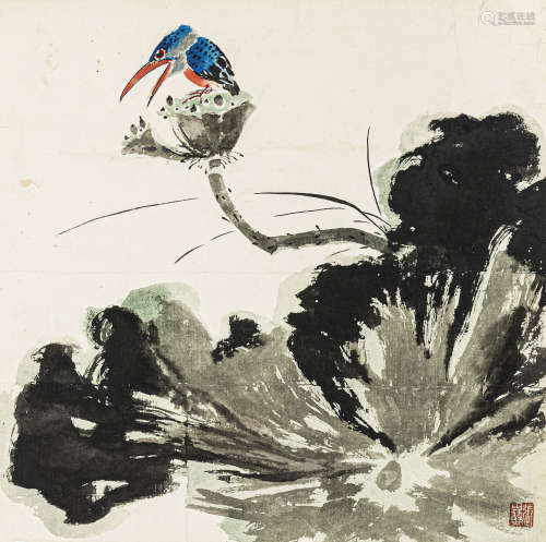 张其翼（1915-1968） 荷塘翠鸟 纸本设色 镜心