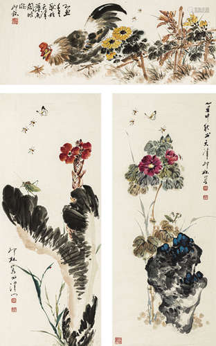 萧 朗（1917-2010） 花鸟三帧 纸本设色 软片