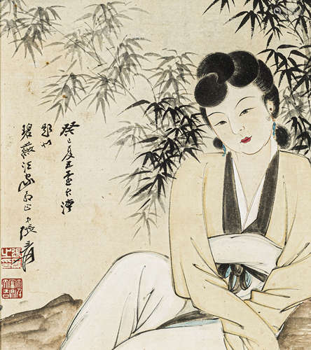 张大千（1899-1983） 仕女图 纸本设色 镜框