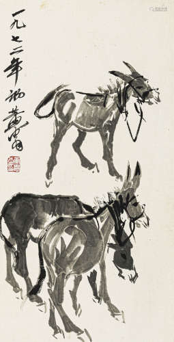 黄 胄（1925-1997） 三驴图 纸本水墨 立轴