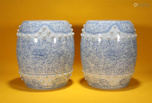 Pair Blue and White Garden Stools