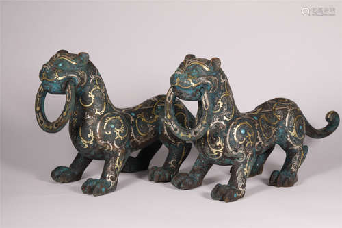 Gold and Silver Inlaid Bronze Tiger Form Finial