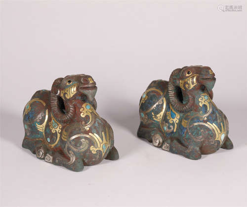 Pair Gold and Silver Inlaid Ram Scroll Weights