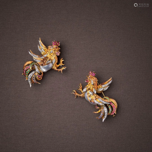 PAIR OF COCKEREL BROOCHES